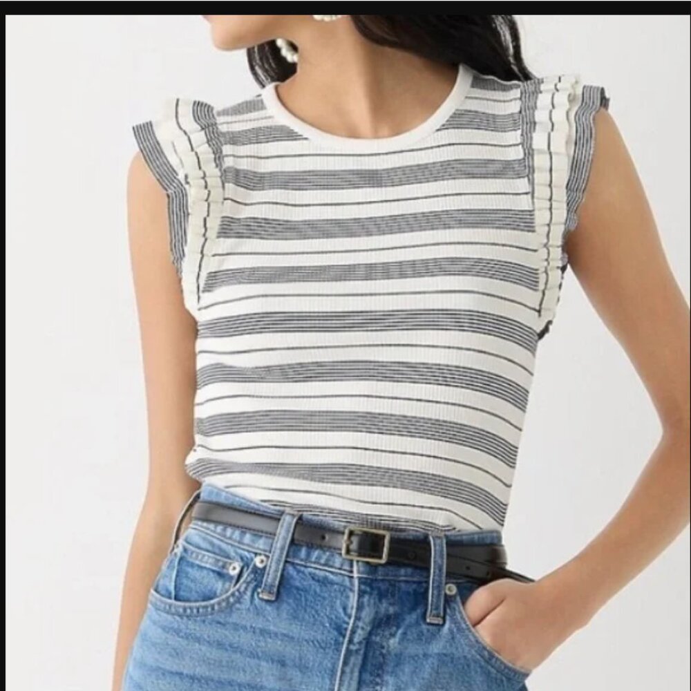 J. Crew Vintage Rib Ruffle-Sleeve Shirt in Stripe Black White‎ Medium Top BP084